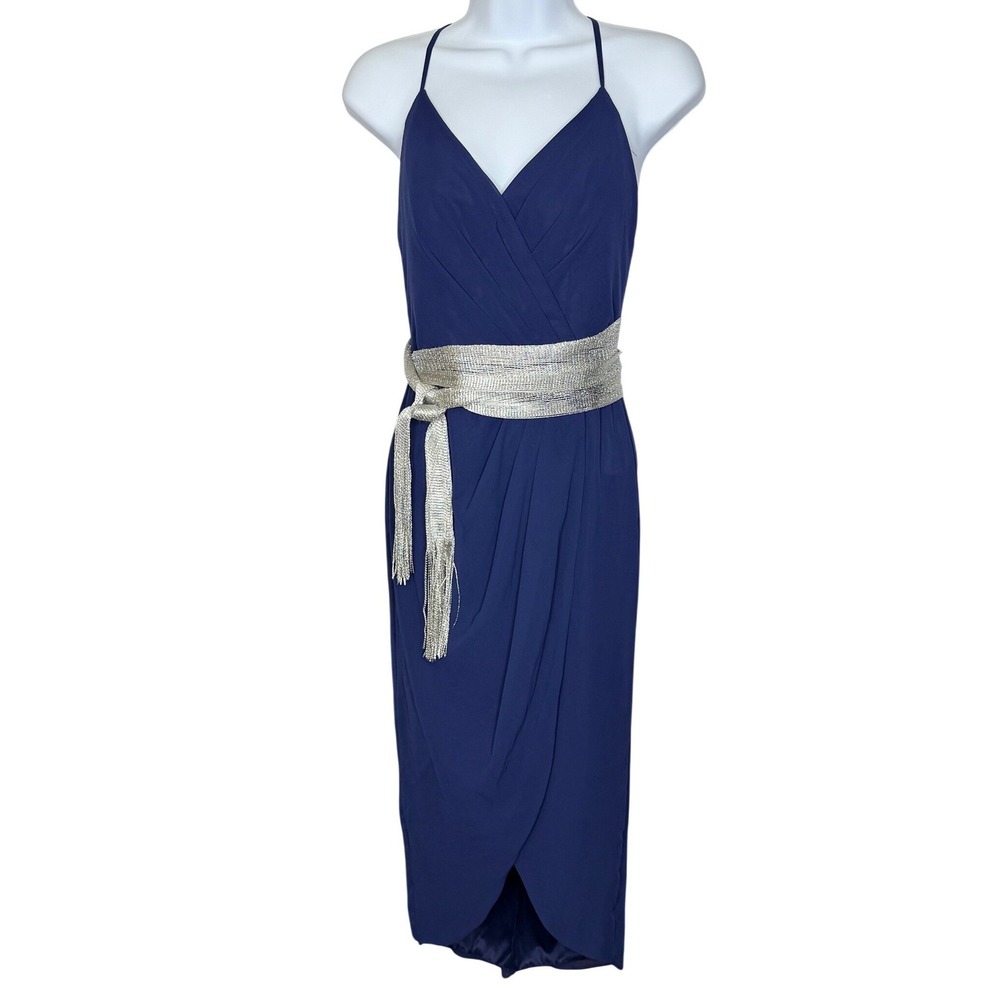 Celebrate DB Studio‎ Dress Chiffon 2 Navy Blue Silver Sash Midi Formal HOCO Y2K